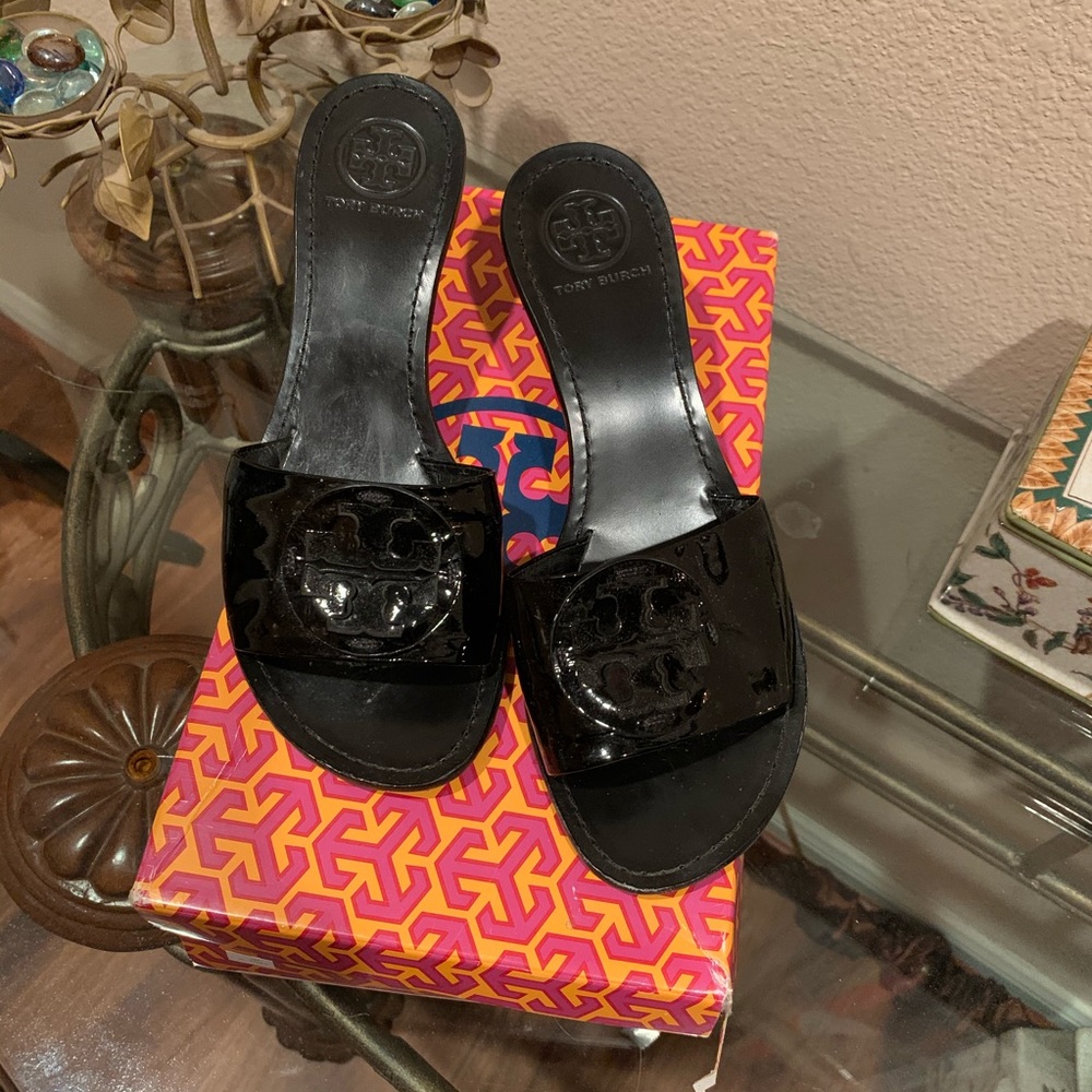 Tory Burch black patient leather mules